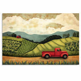 Farm Folk Art Print Featuring Red Vintage Truck Rolling Hills Cornfields and Distant Barn Hand Painted Country Landscape Illustration for Rustic Wall Decor on Ready to Hang 1.5" Thick Canvas Wrap, Floating Framed Canvas, Flat Rolled Canvas